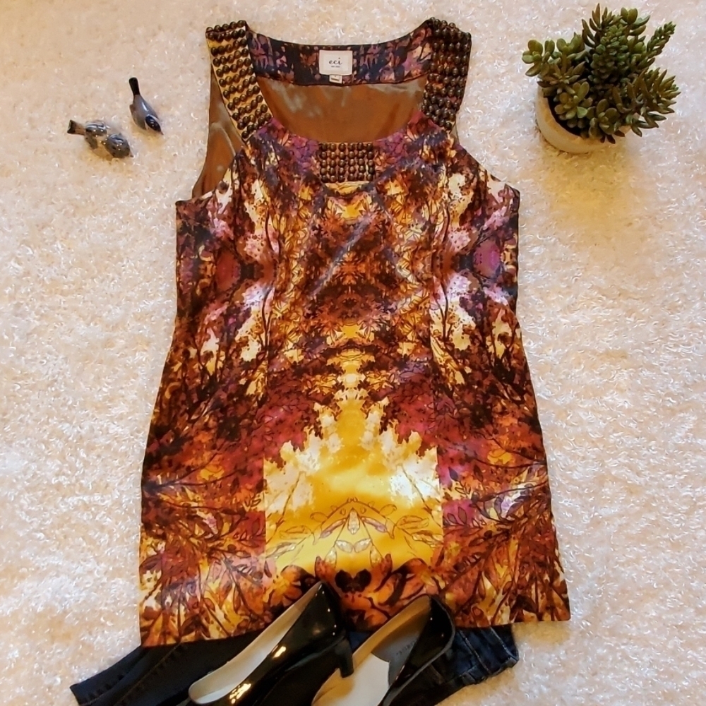 ECI Studded Autumn Leaf Sleeveless Statement Top